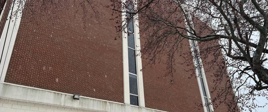 Snow flurries surrounding the psychology building